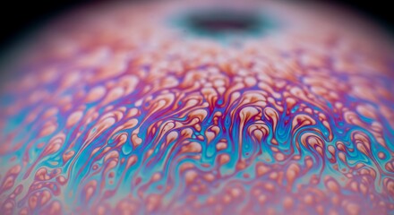 Iridescent soap bubble surface with swirling blue and peach patterns, macro photography