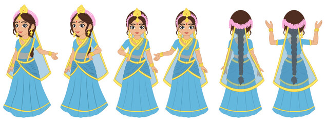 Indian Girl in Traditional Blue Saree Dress Illustration