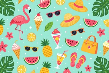 Pink flamingo sunglasses ice cream and fruit summer pattern