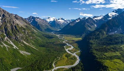 Aerial view of a valley with a meandering river, surrounded by snow-capped mountains and lush green vegetation