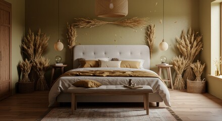 king size bedroom ideas | Cozy and stylish bedroom featuring a plush bed with earthy tones, surrounded by decorative plants, creating a warm and inviting atmosphere for relaxation