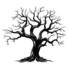 Vector art of a stark black silhouette of a bare, gnarled tree isolated on white