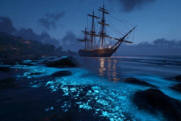 Fototapeta premium Majestic Ship Gliding Through Bioluminescent Waves Under Starry Night Sky Near Seashore