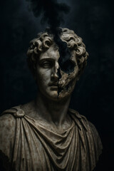 Classical bust with a dramatic split, revealing decay and smoke. A striking image of mortality and transformation.