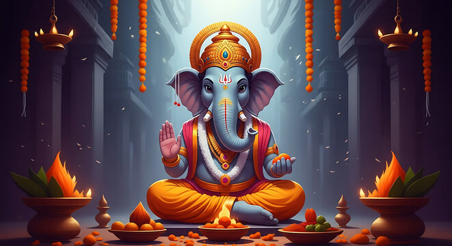 Divine illustration of the Hindu God Ganesha seated in a temple, surrounded by offerings for a festive celebration.