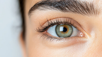 Obraz premium Close up of beautiful eye with green and brown hues, showcasing detailed eyelashes and skin