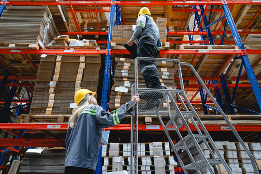 Two factory workers wearing protective helmets and uniforms work together in a cardboard box warehouse. One climbs a safety ladder while arranging paperboard sheets on a high industrial shelf.
