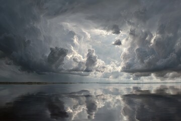 Obraz premium Dramatic Cloud Formation Over Tranquil Water Reflecting the Calm Before a Storm in an Atmospheric Landscape Scene