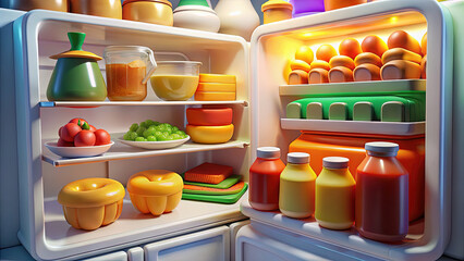 Vibrant Refrigerator Scene: A Colorful Array of Fresh Food and Condiments, Perfect for Healthy Eating, Culinary, and Lifestyle Concepts.