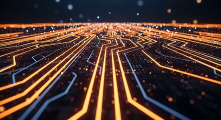 Abstract Circuit Board Design with Glowing Orange Lines