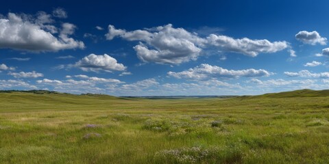 Fototapeta premium Vast green fields under a blue sky nature hdr panoramic landscape 360 degree view