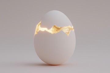 White egg with a cracked surface revealing a glowing golden interior, symbolizing new beginnings and creativity, set against a soft neutral background for a modern aesthetic