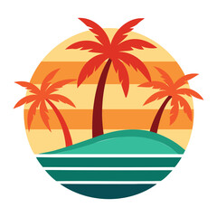 Tropical Beach Sunset Logo with Palm Trees &ndash; Flat Vector Design