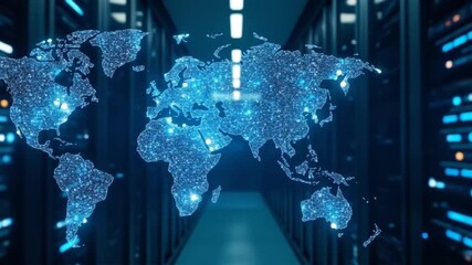 Digital world map overlayed on a server room, representing global data connectivity and network infrastructure. - Powered by Adobe