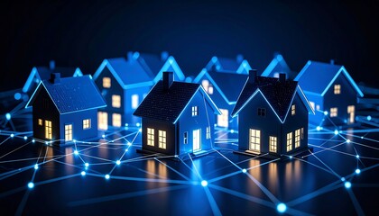 Illuminated houses interconnected by a digital network, suggesting smart home technology or a community network