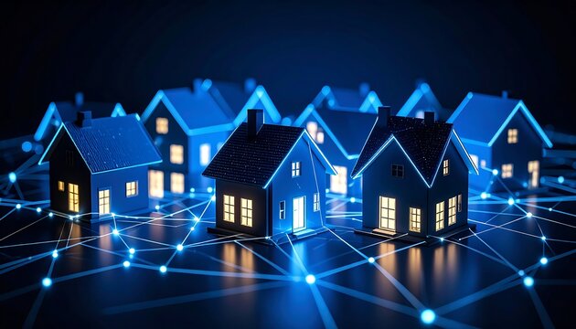 Illuminated houses interconnected by a digital network, suggesting smart home technology or a community network