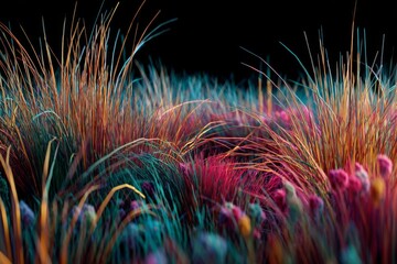 Fototapeta premium Vibrant Abstract Grass and Foliage in Bright Colors Captivating a Surreal Landscape with Rich Texture and Depth