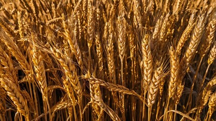 Fototapeta premium Aerial top-down view of a golden wheat field during golden hour, warm sunlight casting long shadows, symmetrical crop rows creating pattern effect, no people,Generative Ai 