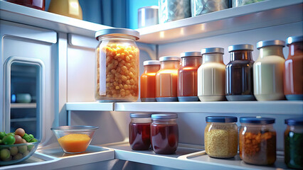 Organized Refrigerator with Jars of Food Preserved for Healthy Eating, Home Cooking, and Sustainable Living in a Modern Kitchen Setting, Food Storage