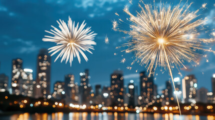 Fototapeta premium Fireworks illuminate night sky over city skyline, creating festive atmosphere