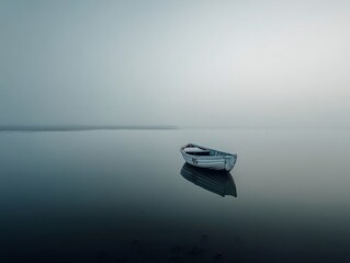 Tranquil Scene of Solitary Boat at Dawn on Still Water with Misty Horizon and Calm Reflection in Soft Light