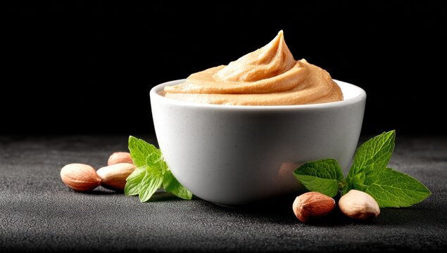 Peanut butter in white bowl with mint and nuts against dark background. Smooth creamy texture, appealing presentation - Powered by Adobe