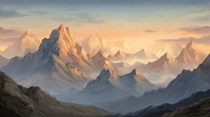 A vast panorama of rugged mountains at dawn.