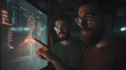 Two bearded men analyzing a glowing wireframe human figure on a screen