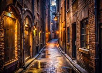 Fototapeta premium Atmospheric narrow cobblestone alleyway at night illuminated by warm streetlights reflecting on wet pavement