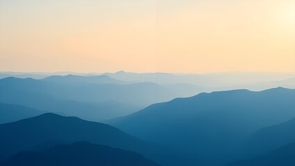 With blue misty mysterious mountains in the distance and an orange pastel sky. Distant blue mountains.
