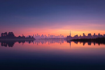 Naklejka premium Serene Urban Skyline Reflection at Sunset Over Calm Water in a Tranquil Landscape with Vibrant Colors and Soft Fog