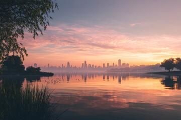Obraz premium Serene Sunrise Over Urban Skyline Reflected in Calm Water with Lush Greenery and Soft Pink Cloudy Sky