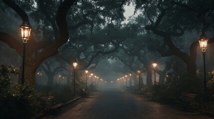 Serene Foggy Night Walk Through a Tree-Lined Pathway Illuminated by Vintage Street Lamps