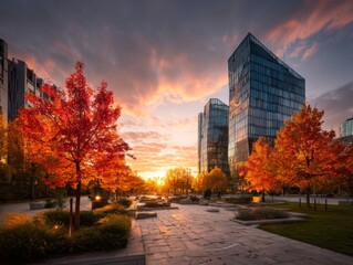 Obraz premium Serene Autumn View of Modern Skyscrapers with Vibrant Red and Orange Trees Under a Dramatic Sunset Sky in an Urban Park