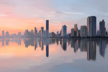 Fototapeta premium Serene Reflection of Urban Skyline at Dawn with Soft Pastel Colors and Calm Water Surface Beneath the Twilight Sky