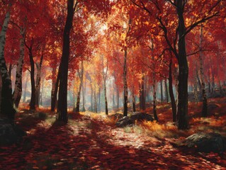 Fototapeta premium Majestic Autumn Forest with Vibrant Red Foliage and Sunlight Filtering Through Trees