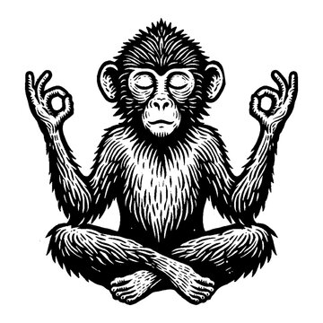 Zen Monkey Meditating in Serene Lotus Position with OK Hand Mudra Gestures Black and White Outline Line Art Drawing