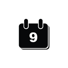 Simple black and white icon of a calendar showing the ninth day.