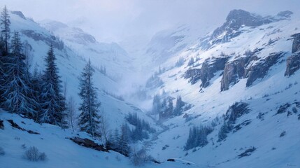 Majestic Winter Landscape of Snowy Mountains and Pine Trees in Misty Valley Under Soft Natural Light