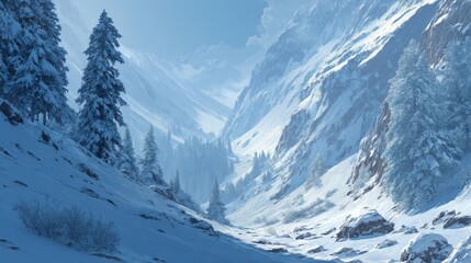 Majestic Snowy Landscape with Pine Trees and Rocky Mountains in a Winter Wonderland Setting Under Clear Blue Sky