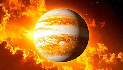 Gaseous planet depicted amidst fiery, swirling clouds