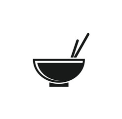Simple black and white icon of a bowl of food with chopsticks.