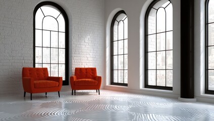 Room with white brick walls, arched windows, and two orange chairs. Reflection on the floor
