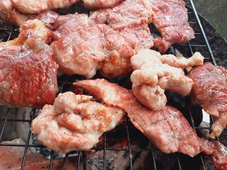 Pork grilled on a charcoal grill