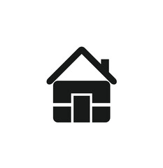 Simple black house icon with a chimney, door, roof, and windows, isolated on a white background.