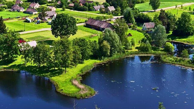 Kirkilai Lakes and Observation Tower in Birzai, Lithuania. Aerial view