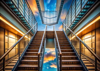 A symmetrical perspective of a grand staircase leading upwards towards a vibrant sky reflected in a glass ceiling above