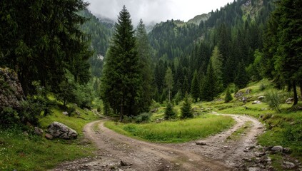 Forest path splits into two, disappearing into evergreen trees under a cloudy sky. Verdant slopes ascend in the background