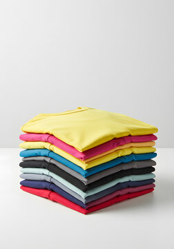 mockup t-shirt of a stack of folded t-shirts in bright and vibrant colors on a white surface