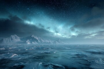 Majestic polar landscape under the northern lights with dramatic mountains and serene icy waters in a starry night sky